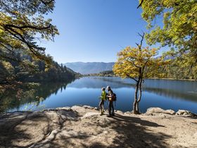 Frühlingsbaden am Montiggler See im Süden Südtirol  